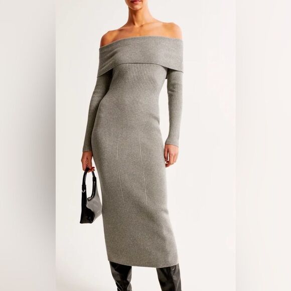 Abercrombie & Fitch Off the Shoulder Midi Sweater Dress Size Large Petite Gray - Picture 1 of 5